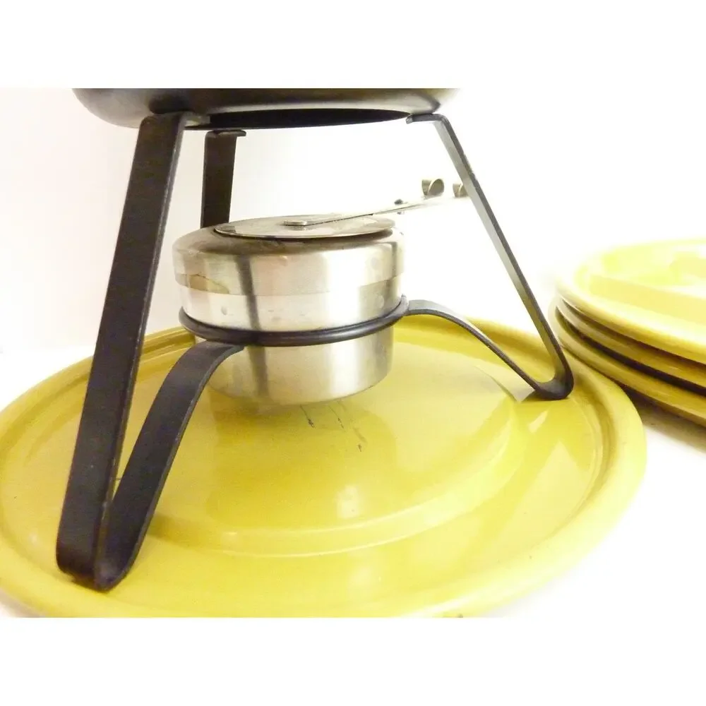 Vintage MCM Japan Yellow Aluminum Fondue Pot Set Wood Handles Plates